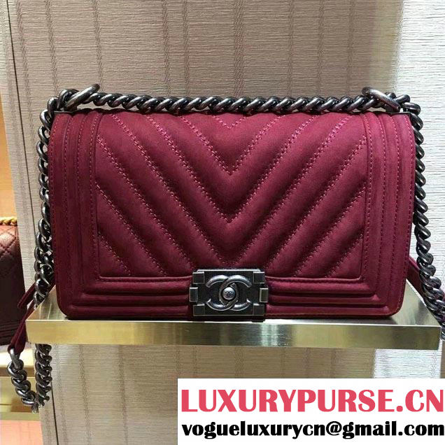 Chanel Suede Chevron Boy Flap Medium Bag Date Red Fall Winter 2016