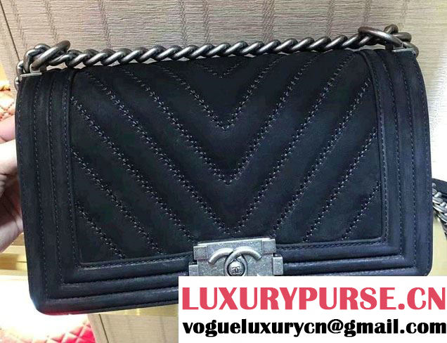 Chanel Suede Chevron Boy Flap Medium Bag Black Fall Winter 2016