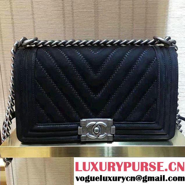 Chanel Suede Chevron Boy Flap Medium Bag Black Fall Winter 2016