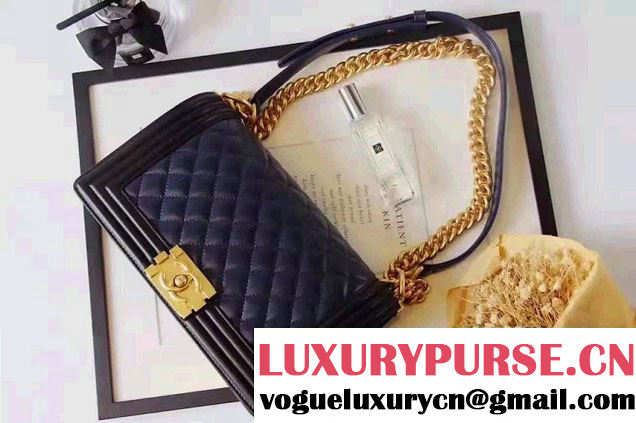 Chanel Lambskin Bi-Color Boy Flap Old Medium Bag Black/Navy Blue Fall Winter 2016