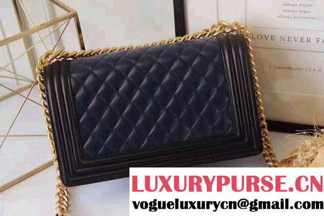 Chanel Lambskin Bi-Color Boy Flap Old Medium Bag Black/Navy Blue Fall Winter 2016