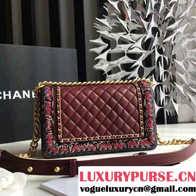 Chanel Lambskin/Grosgrain/Braid Boy Jacket Medium Bag Burgundy 2016