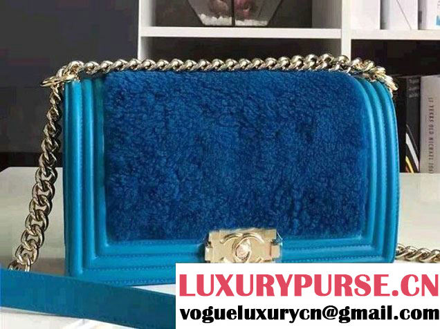 Chanel Leather and Shearling Boy Flap Shoulder Bag Turquoise 2016