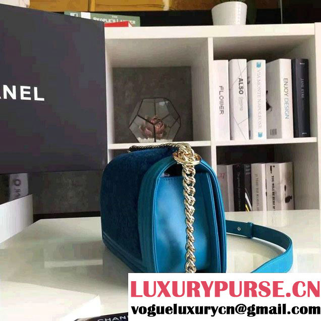 Chanel Leather and Shearling Boy Flap Shoulder Bag Turquoise 2016