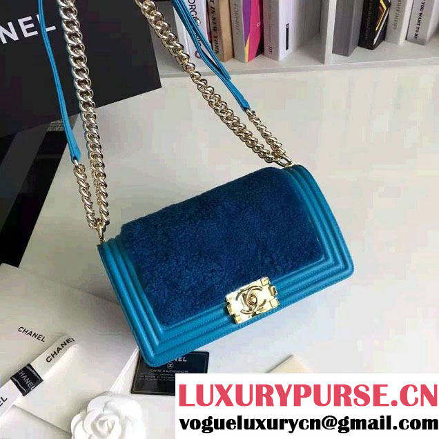 Chanel Leather and Shearling Boy Flap Shoulder Bag Turquoise 2016