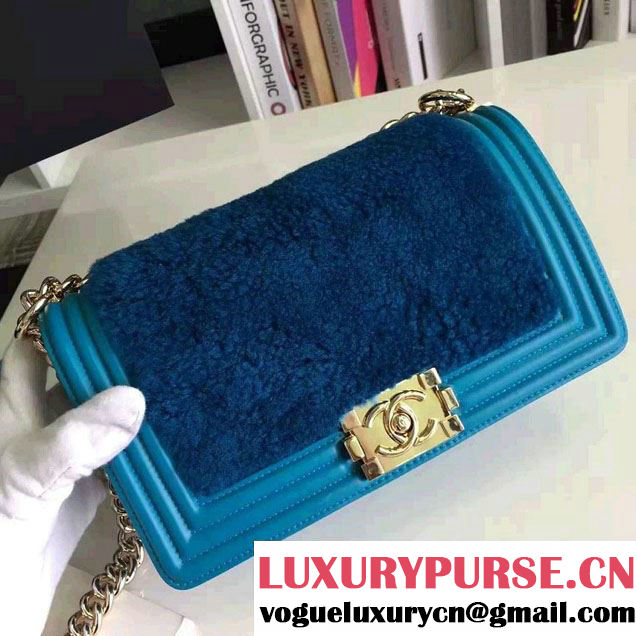 Chanel Leather and Shearling Boy Flap Shoulder Bag Turquoise 2016