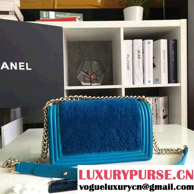 Chanel Leather and Shearling Boy Flap Shoulder Bag Turquoise 2016