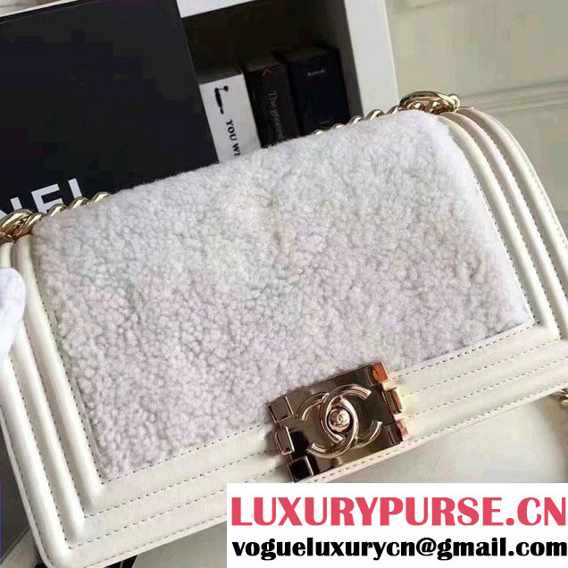 Chanel Leather and Shearling Boy Flap Shoulder Bag White 2016