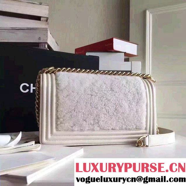 Chanel Leather and Shearling Boy Flap Shoulder Bag White 2016