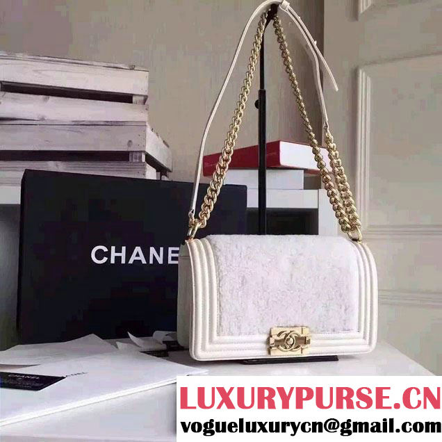 Chanel Leather and Shearling Boy Flap Shoulder Bag White 2016