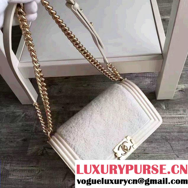 Chanel Leather and Shearling Boy Flap Shoulder Bag White 2016