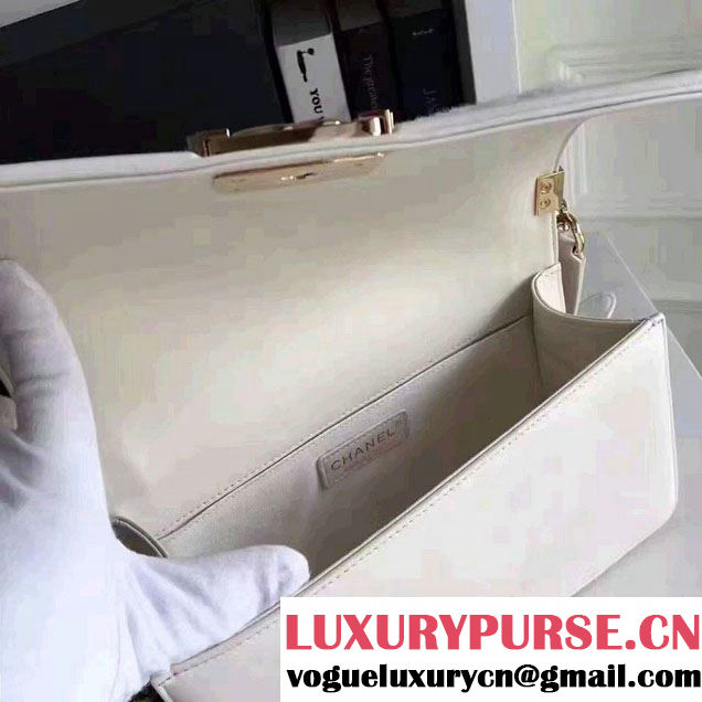 Chanel Leather and Shearling Boy Flap Shoulder Bag White 2016