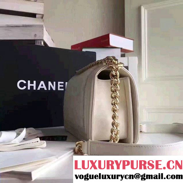 Chanel Leather and Shearling Boy Flap Shoulder Bag White 2016