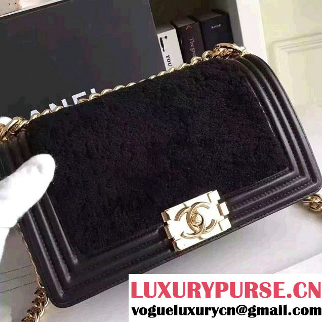 Chanel Leather and Shearling Boy Flap Shoulder Bag Black 2016