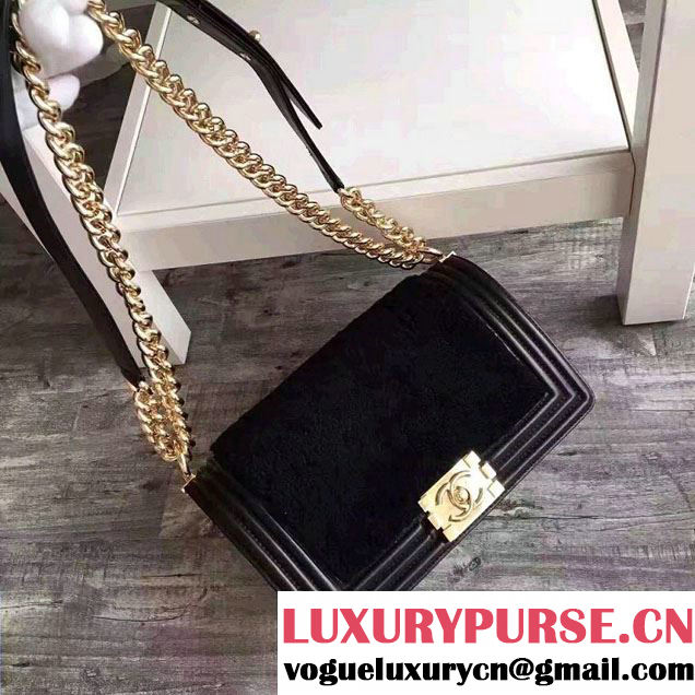 Chanel Leather and Shearling Boy Flap Shoulder Bag Black 2016