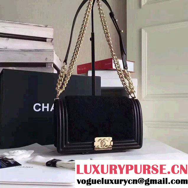 Chanel Leather and Shearling Boy Flap Shoulder Bag Black 2016
