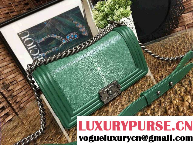 Chanel Pearl Leather Le Boy Flap Shoulder Medium Bag Green/Silver