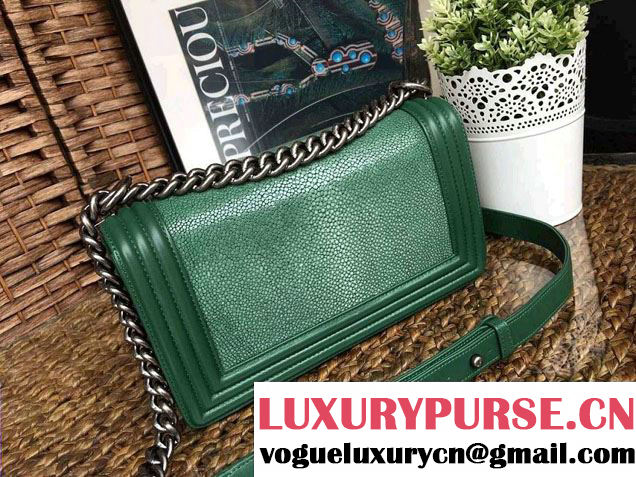 Chanel Pearl Leather Le Boy Flap Shoulder Medium Bag Green/Silver