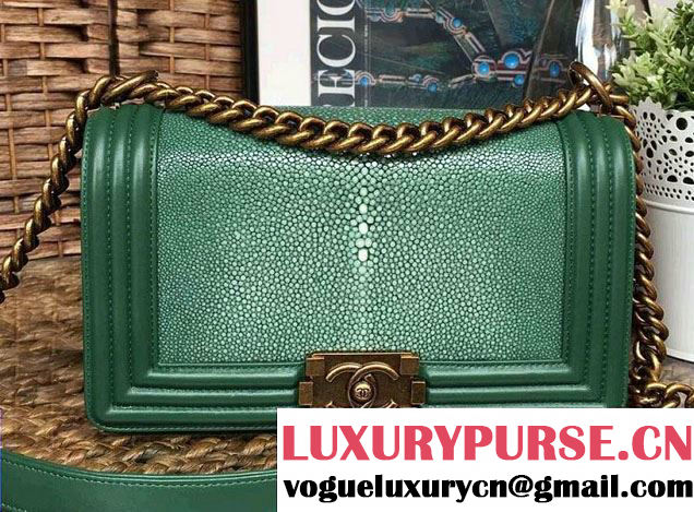 Chanel Pearl Leather Le Boy Flap Shoulder Medium Bag Green/Gold