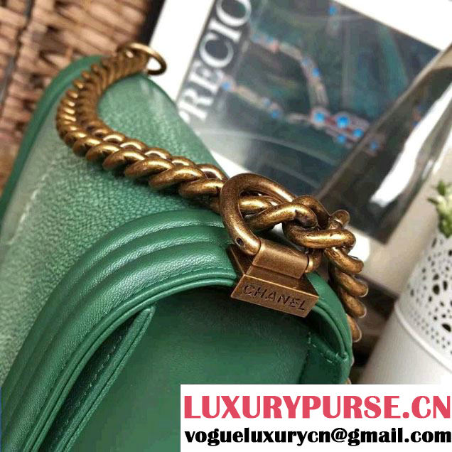 Chanel Pearl Leather Le Boy Flap Shoulder Medium Bag Green/Gold