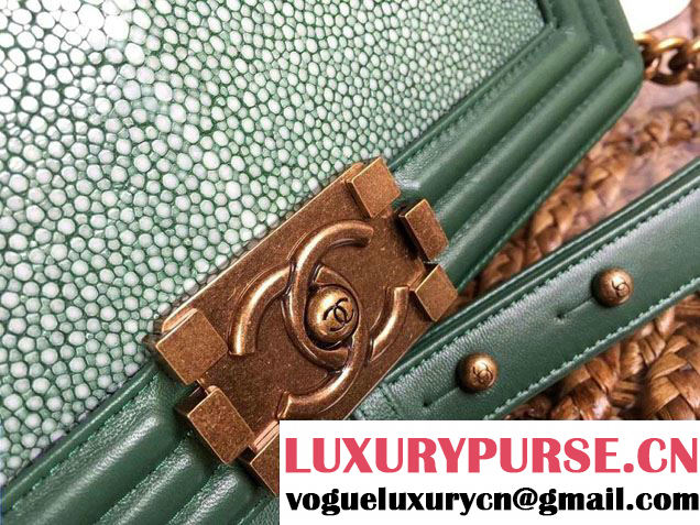 Chanel Pearl Leather Le Boy Flap Shoulder Medium Bag Green/Gold