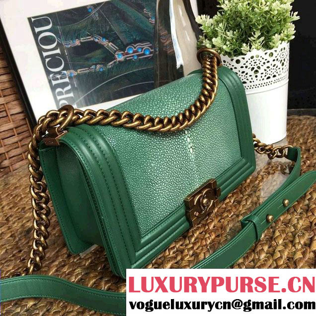 Chanel Pearl Leather Le Boy Flap Shoulder Medium Bag Green/Gold