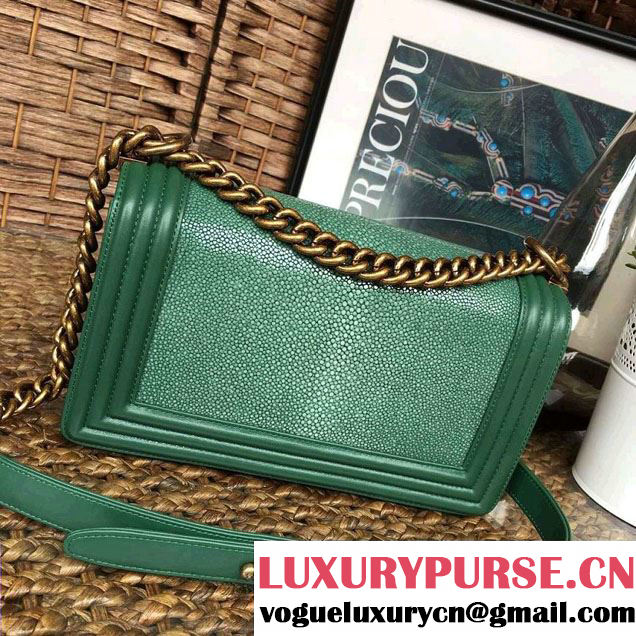 Chanel Pearl Leather Le Boy Flap Shoulder Medium Bag Green/Gold
