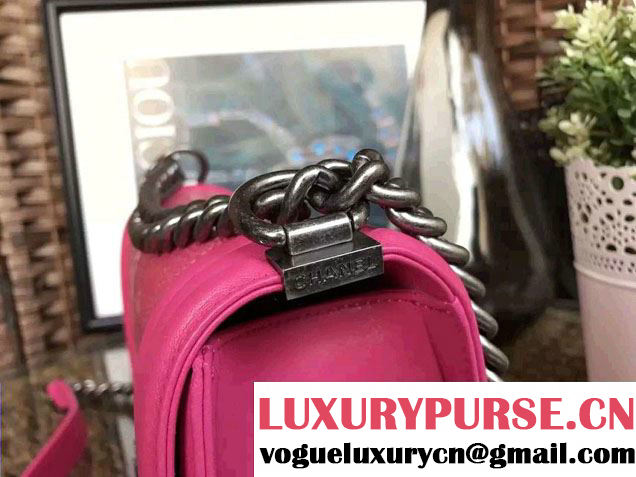 Chanel Pearl Leather Le Boy Flap Shoulder Medium Bag Fuchsia/Silver