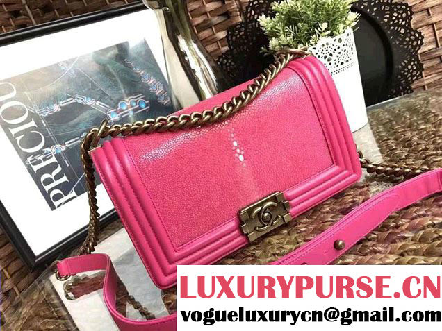 Chanel Pearl Leather Le Boy Flap Shoulder Medium Bag Fuchsia/Gold