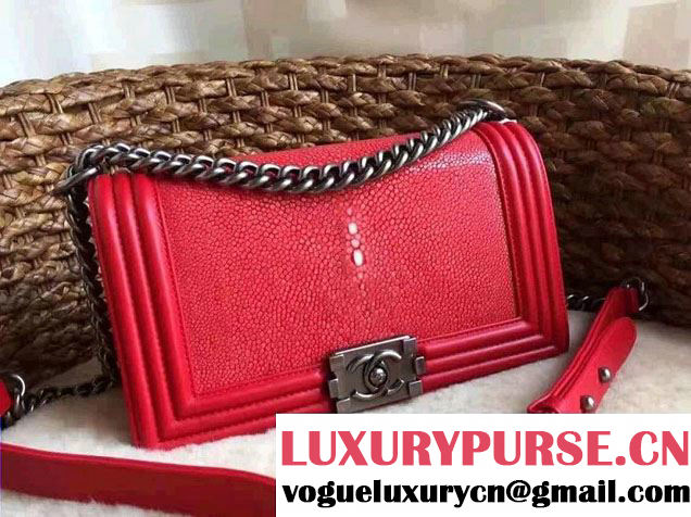 Chanel Pearl Leather Le Boy Flap Shoulder Medium Bag Red/Silver