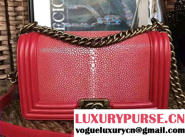 Chanel Pearl Leather Le Boy Flap Shoulder Medium Bag Red/Gold