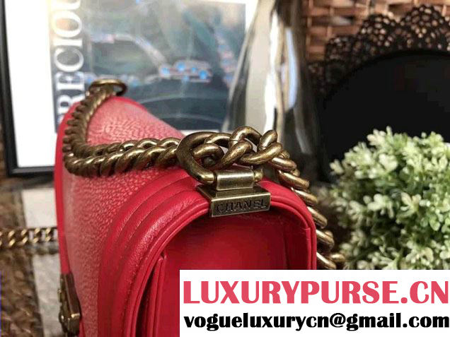 Chanel Pearl Leather Le Boy Flap Shoulder Medium Bag Red/Gold
