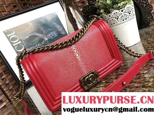 Chanel Pearl Leather Le Boy Flap Shoulder Medium Bag Red/Gold