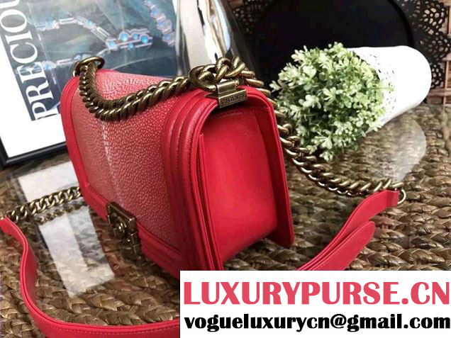 Chanel Pearl Leather Le Boy Flap Shoulder Medium Bag Red/Gold