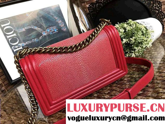 Chanel Pearl Leather Le Boy Flap Shoulder Medium Bag Red/Gold