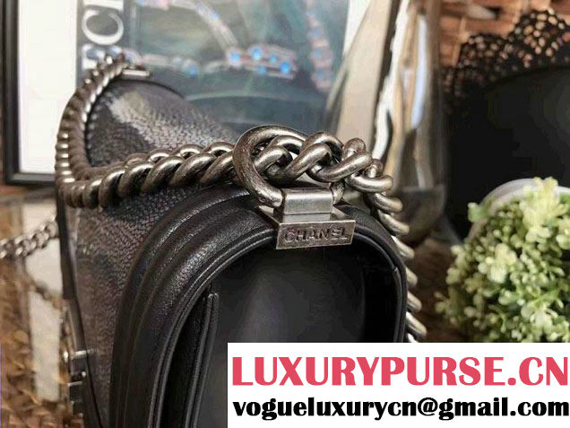 Chanel Pearl Leather Le Boy Flap Shoulder Medium Bag Black/Silver