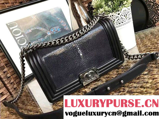 Chanel Pearl Leather Le Boy Flap Shoulder Medium Bag Black/Silver