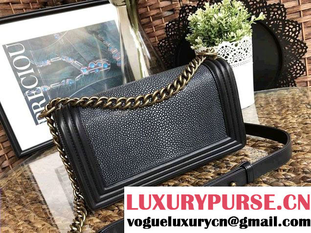 Chanel Pearl Leather Le Boy Flap Shoulder Medium Bag Black/Gold