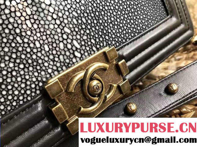 Chanel Pearl Leather Le Boy Flap Shoulder Medium Bag Black/Gold