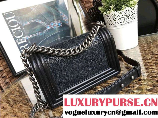 Chanel Pearl Leather Le Boy Flap Shoulder Small Bag Black/Silver