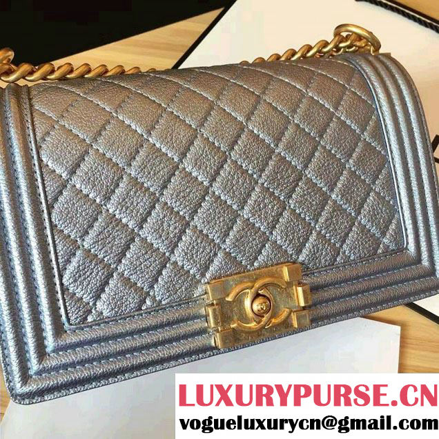 Chanel Grained Calfskin Boy Flap Shoulder Medium Bag Gray Fall Winter 2016