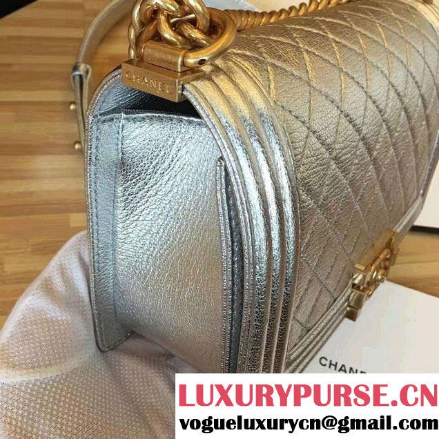 Chanel Grained Calfskin Boy Flap Shoulder Medium Bag Silver Fall Winter 2016