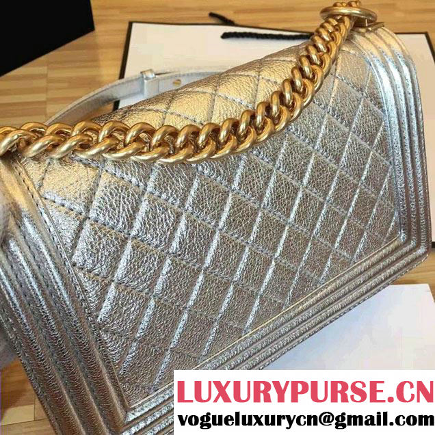 Chanel Grained Calfskin Boy Flap Shoulder Medium Bag Silver Fall Winter 2016