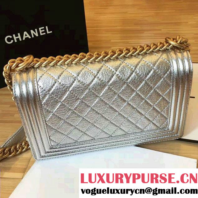 Chanel Grained Calfskin Boy Flap Shoulder Medium Bag Silver Fall Winter 2016