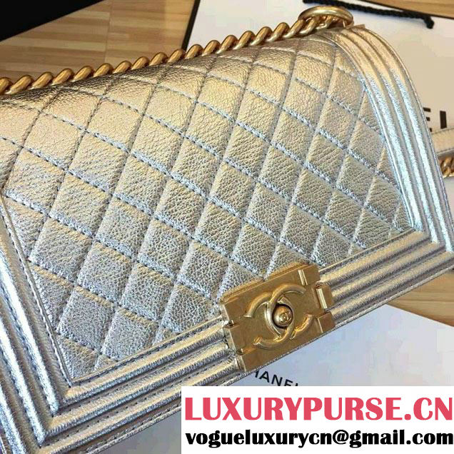 Chanel Grained Calfskin Boy Flap Shoulder Medium Bag Silver Fall Winter 2016