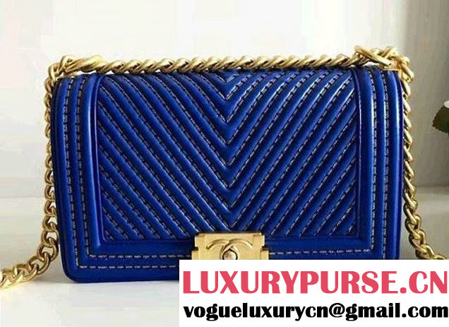 Chanel Interlaced Chain Chevron Boy Flap Shoulder Medium Bag Blue 2017