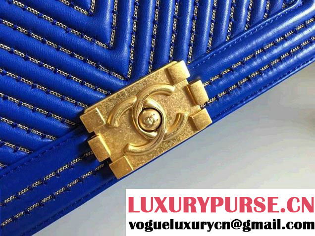 Chanel Interlaced Chain Chevron Boy Flap Shoulder Medium Bag Blue 2017