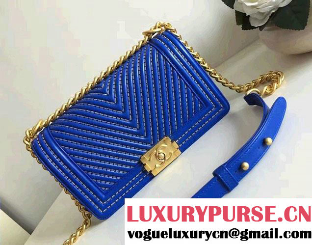 Chanel Interlaced Chain Chevron Boy Flap Shoulder Medium Bag Blue 2017