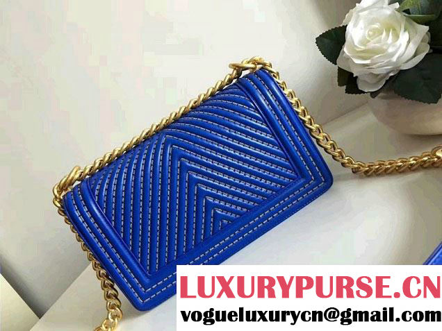 Chanel Interlaced Chain Chevron Boy Flap Shoulder Medium Bag Blue 2017