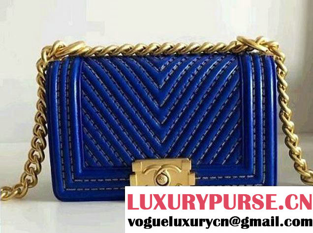 Chanel Interlaced Chain Chevron Boy Flap Shoulder Small Bag Blue 2017